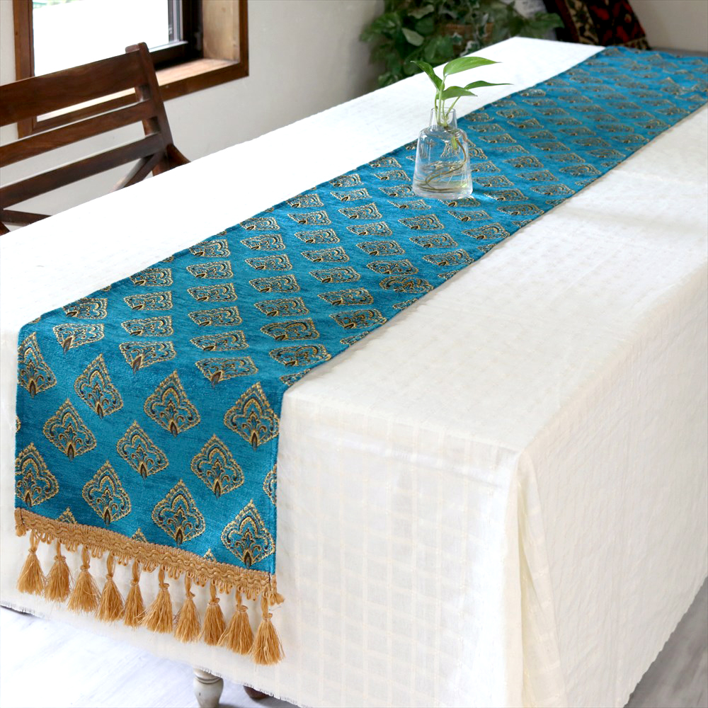 テーブルランナー・ベッドスロー 216×32cm ヤプラック・ピーコックブルー Table runner， Bed through， Turkish textile， トルコ製ファブリック 30％OFFアウトレットSALE