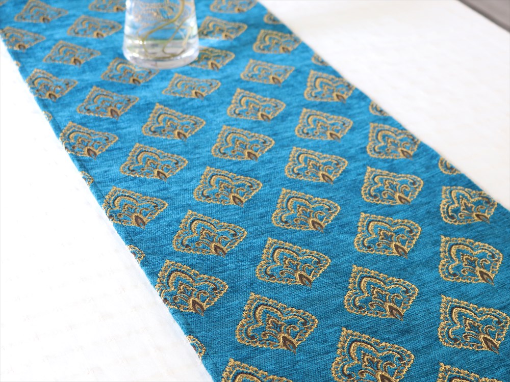 テーブルランナー・ベッドスロー 216×32cm ヤプラック・ピーコックブルー Table runner， Bed through， Turkish textile， トルコ製ファブリック 30％OFFアウトレットSALE