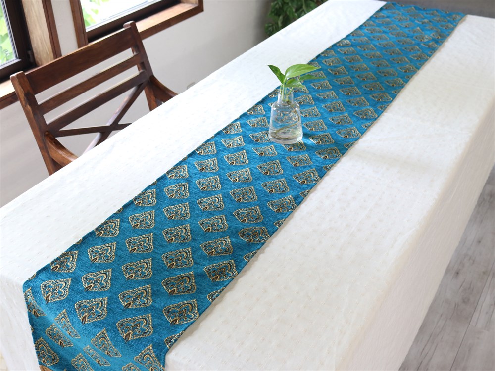 テーブルランナー・ベッドスロー 216×32cm ヤプラック・ピーコックブルー Table runner， Bed through， Turkish textile， トルコ製ファブリック 30％OFFアウトレットSALE