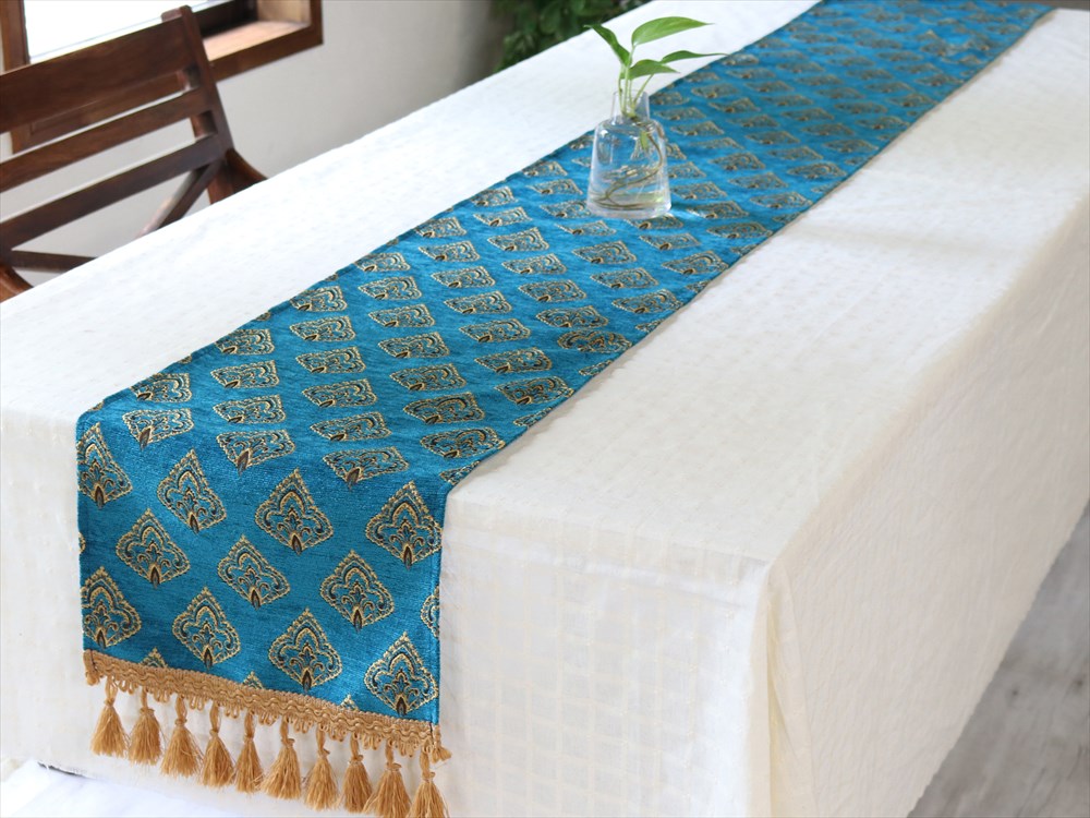 テーブルランナー・ベッドスロー 216×32cm ヤプラック・ピーコックブルー Table runner， Bed through， Turkish textile， トルコ製ファブリック 30％OFFアウトレットSALE